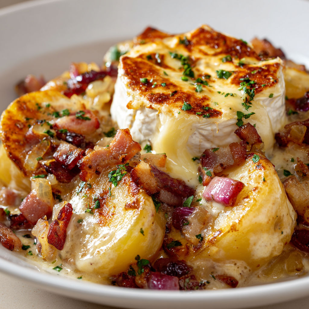 Tartiflette Savoyarde – Pommes de Terre Fondantes, Bacon Doré et Reblochon Crémeux.