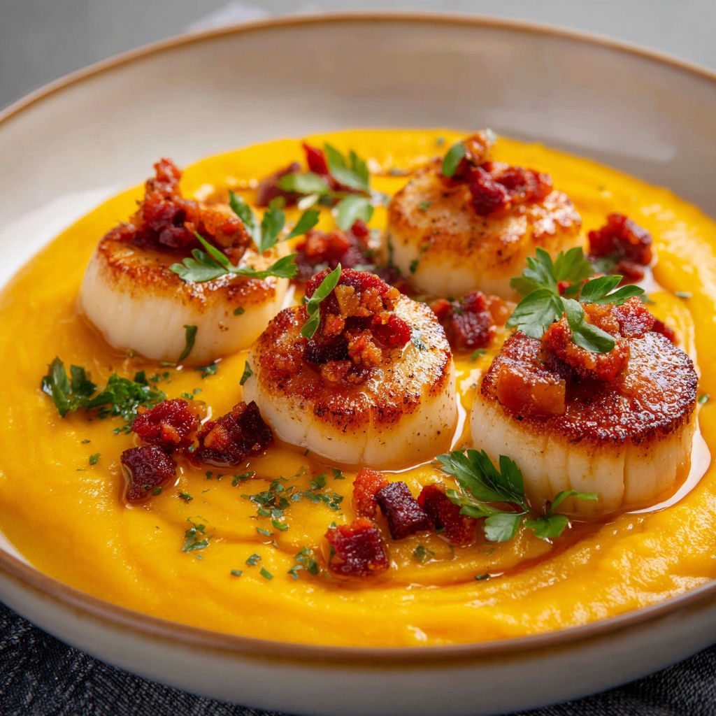 Une assiette de crème de butternut et chorizo avec des coquillages et des herbes.