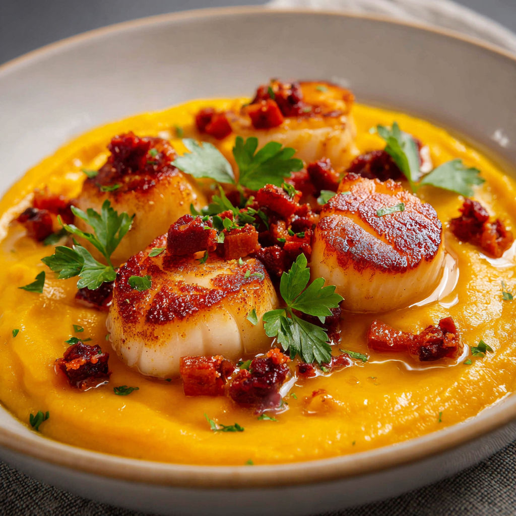 Saint-Jacques Snackées sur Velouté de Butternut et Chorizo Grillé.