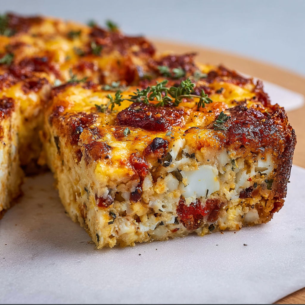 Une portion de brownies salés au chou-fleur et chorizo, avec des herbes et des épices pour ajouter de la saveur.