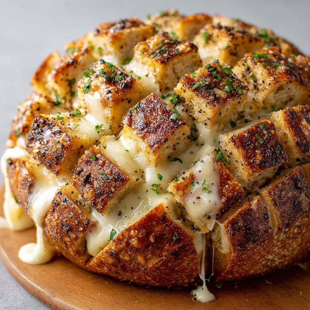 Miche Festive Gratinée à l’Ail, Mozza Coulante et Poivre Frais.