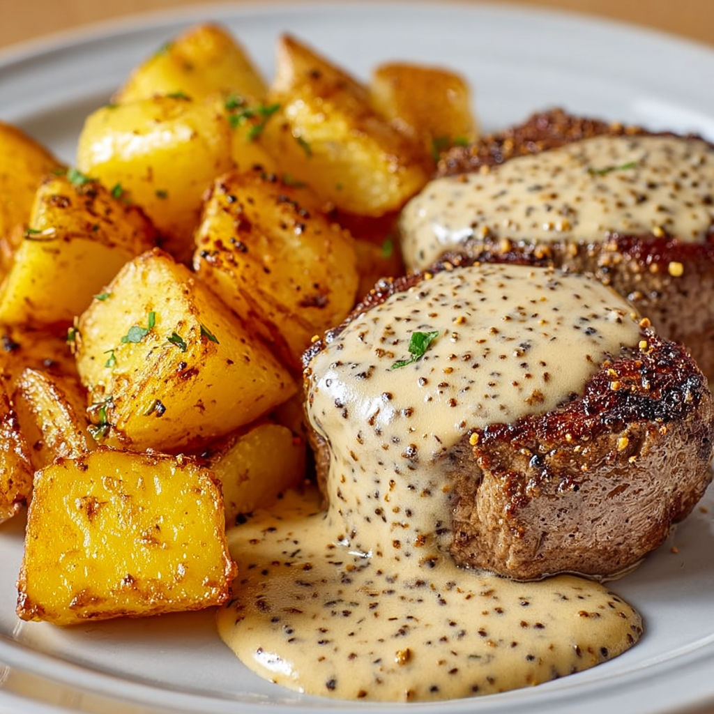 Une assiette de viande rôtie avec des pommes de terre et une sauce moutarde.