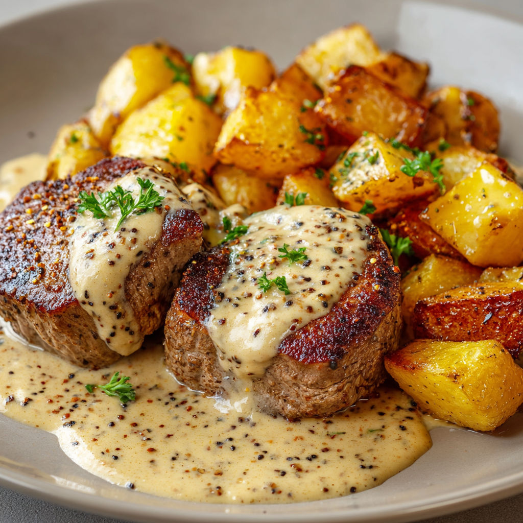 Médaillons de Viande à la Moutarde et Pommes de Terre Dorées.