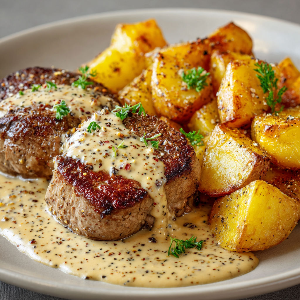 Filet de Bœuf ou Veau en Sauce Moutarde avec Pommes Rôties.