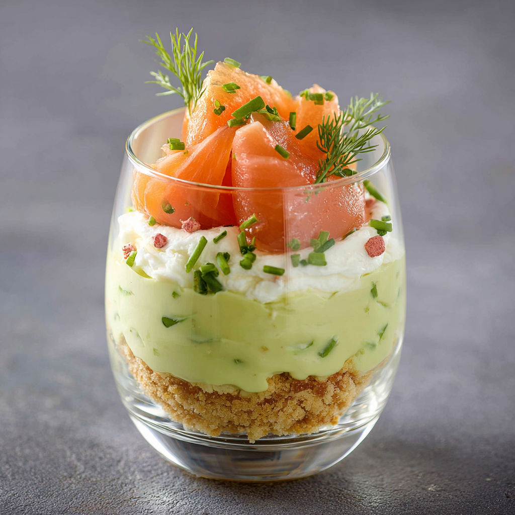 Une petite portion de mousse avocat saumon dans un verre.