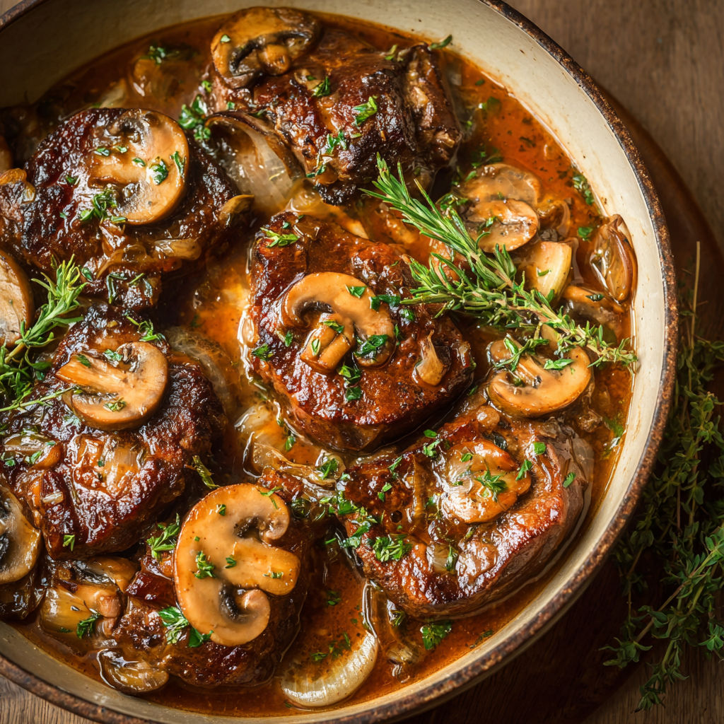 Joues de Porc Fondantes aux Champignons et Vin Blanc.