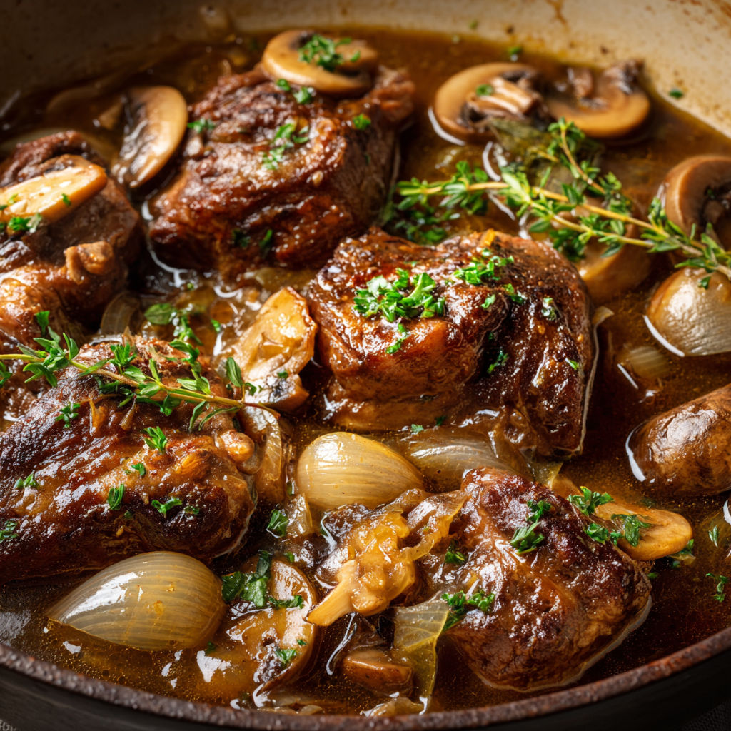 Joues de Porc Confites aux Champignons, Sauce au Vin Blanc