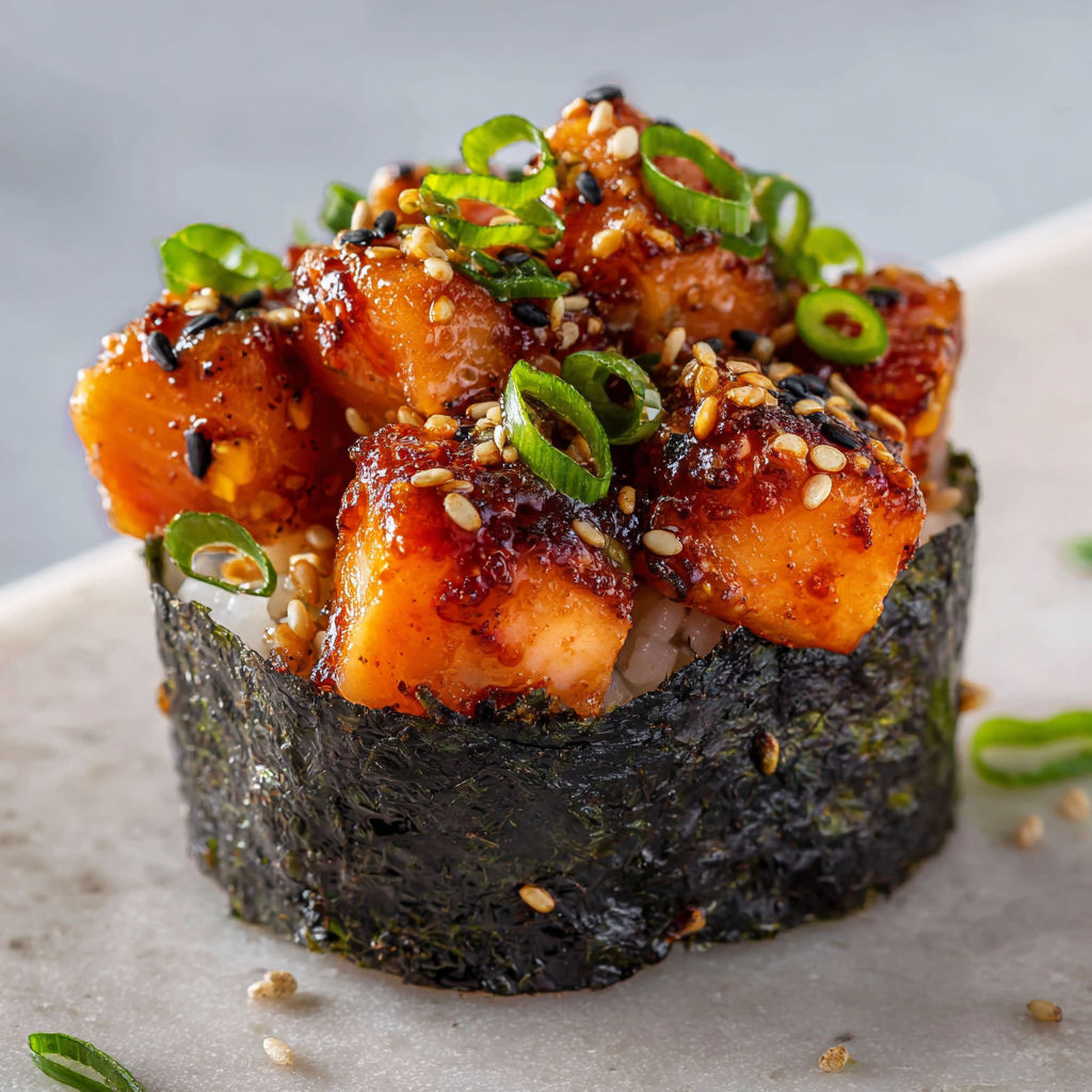 Un plat de sushi avec des légumes verts et des grains de riz.