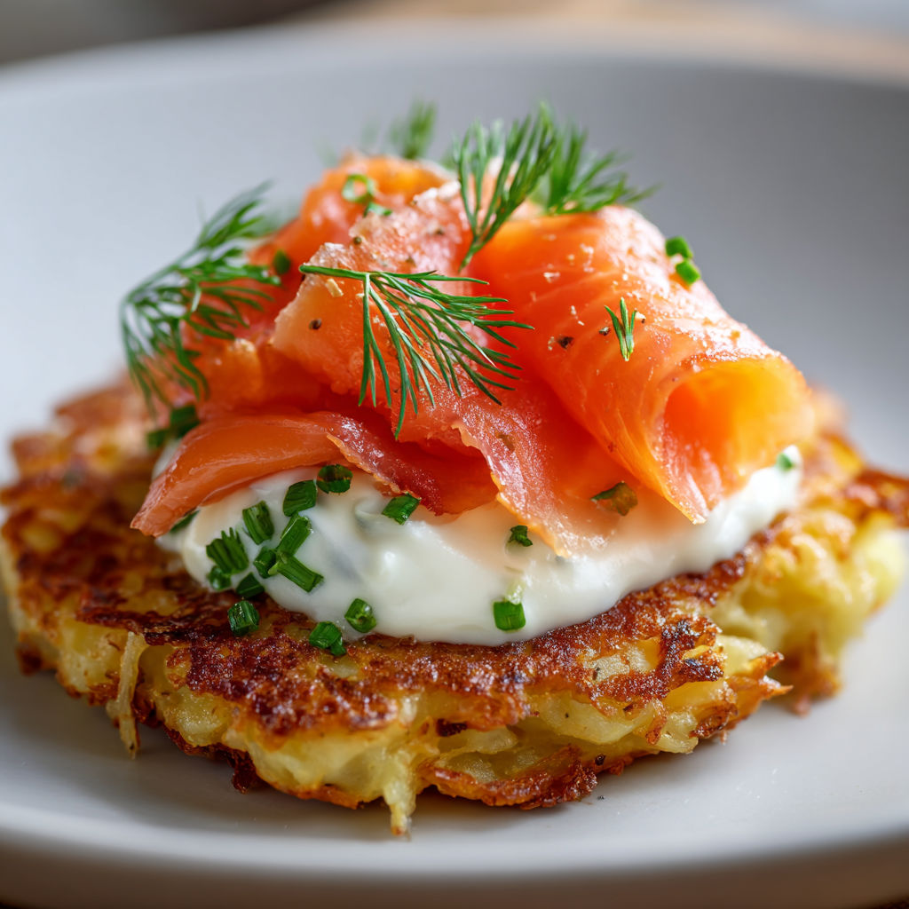 Un plat de pancakes de pommes de terre avec du saumon fumé et des herbes.