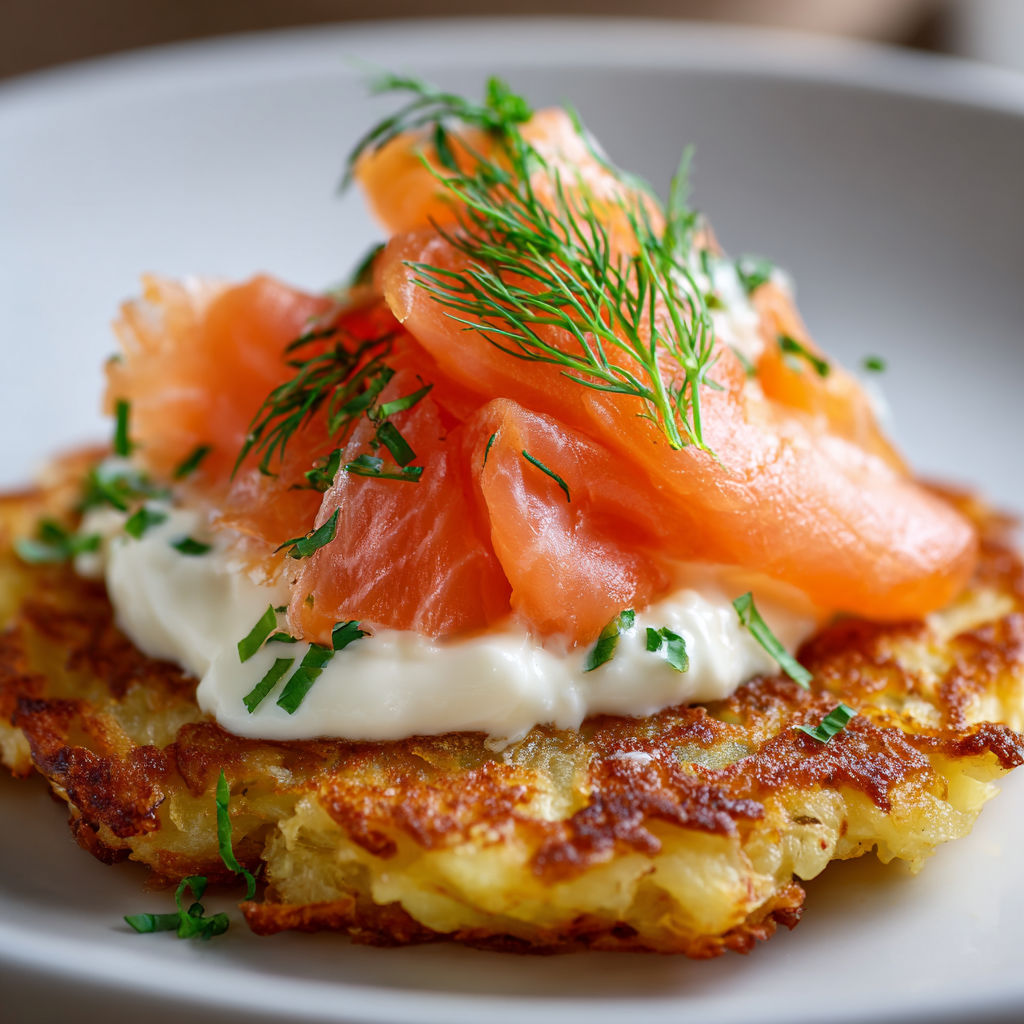 Pancakes de Pommes de Terre Dorés au Saumon Fumé.