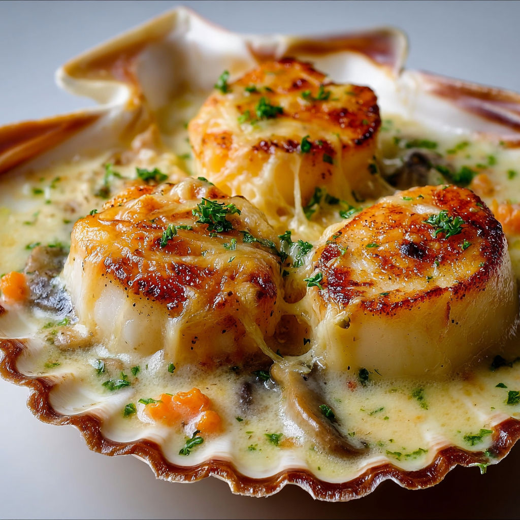 Coquilles Saint-Jacques Gratinées au Fromage et Champignons, une recette savoureuse et délicieuse.