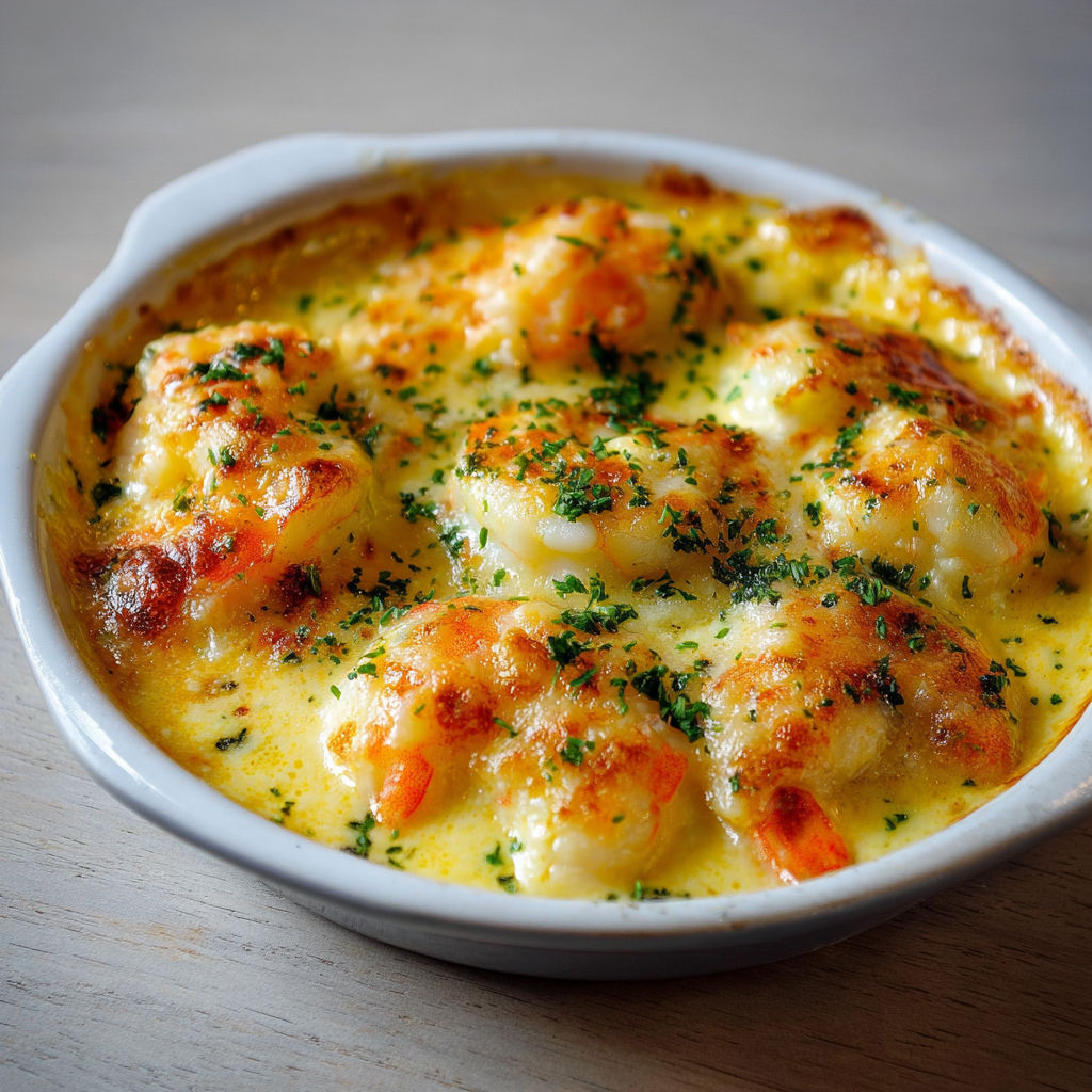 Un plat de Gratin de Langoustines à la Crème Safranée sur une table.