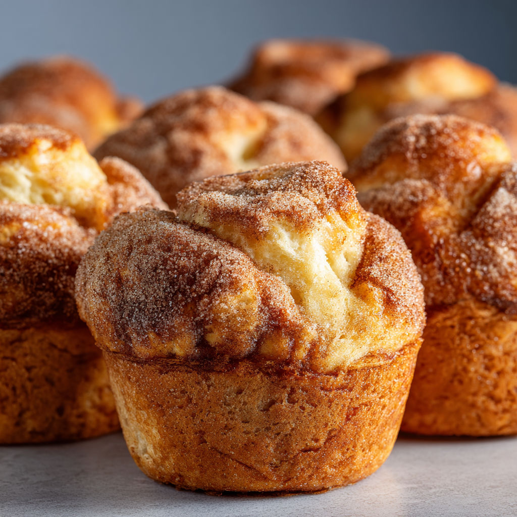 Muffins Pain Perdu à la Cannelle et au Sucre, avec une texture douce et sucrée, sont présentés sur une table.