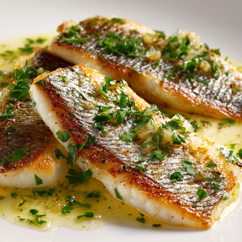 Filets de daurade au beurre citronné, garnis de persil et de citron vert, servis sur une assiette blanche.