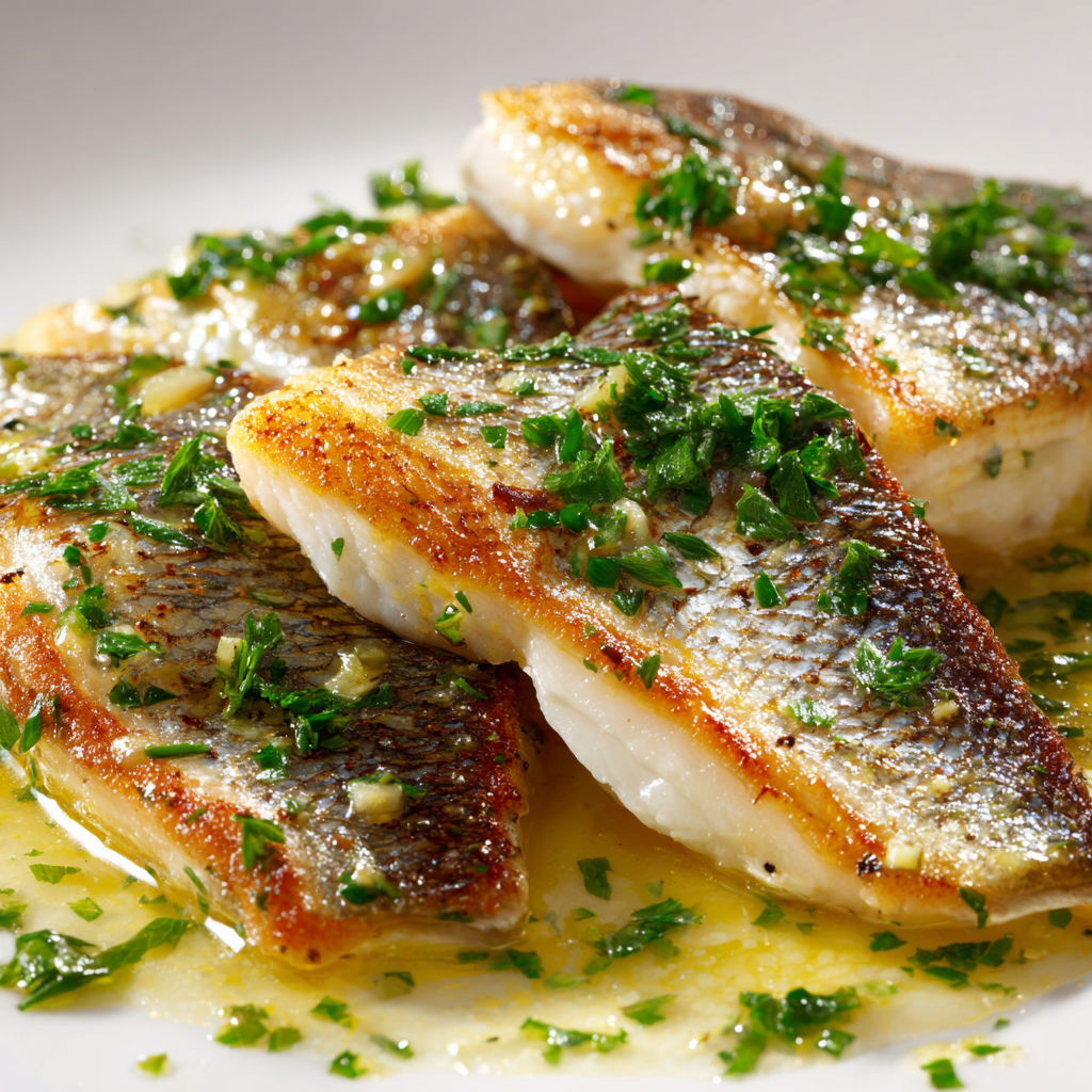 Filets de daurade au beurre citronné, garnis de persil, servis sur une assiette blanche.
