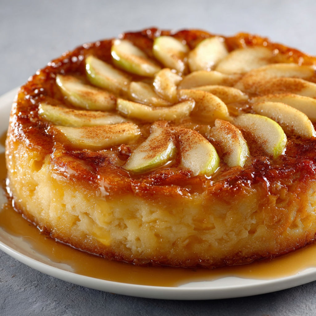 Flan aux pommes tendre et crémeux avec une pointe de cannelle et beurre fondant.