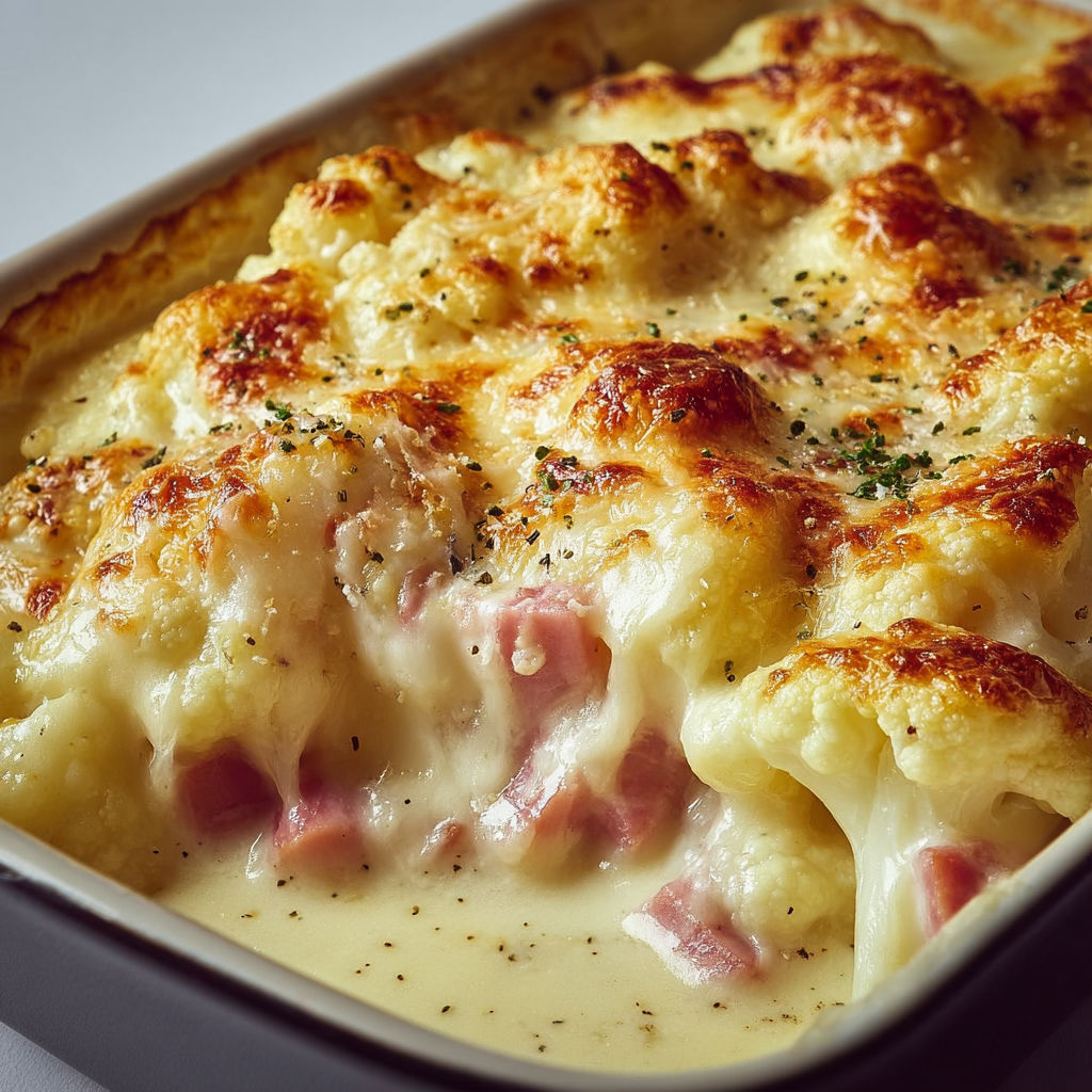 Chou-fleur gratiné au jambon et sauce béchamel crémeuse.