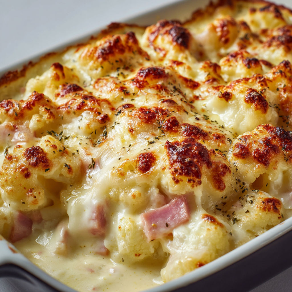 Gratin fondant de chou-fleur au jambon et fromage doré, parfait pour les repas chaleureux.