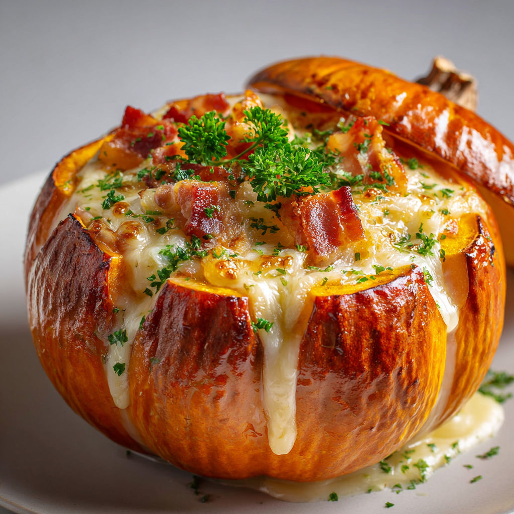 Un potimarron façon tartiflette est un plat savoureux et délicieux, composé de bacon, de pommes de terre et de fromage.