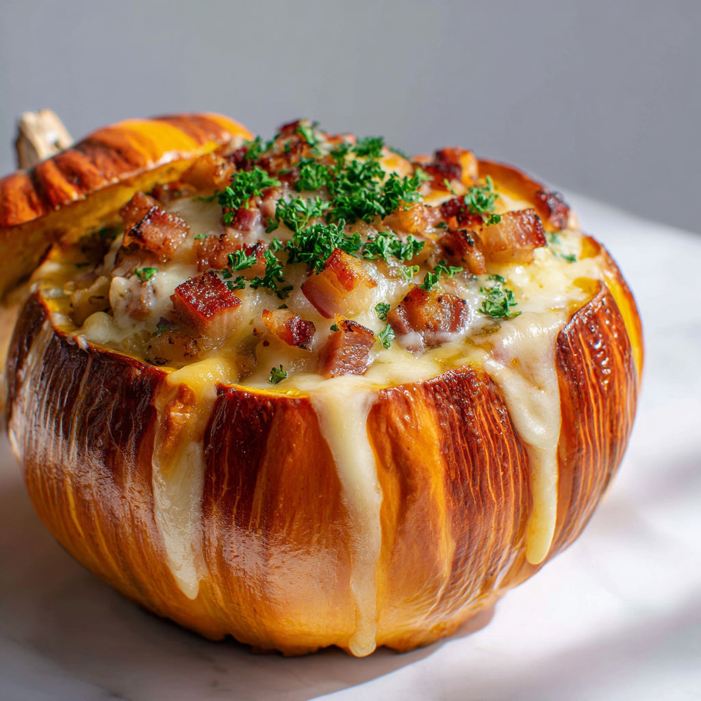 Un potimarron façon tartiflette, avec des bacon, des herbes et une sauce crémeuse.