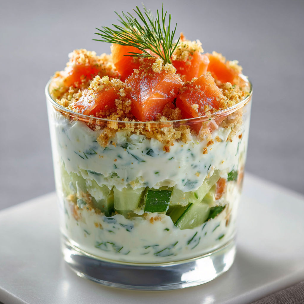 Un verre contenant une salade de saumon fumé, concombre et crème à l'aneth.