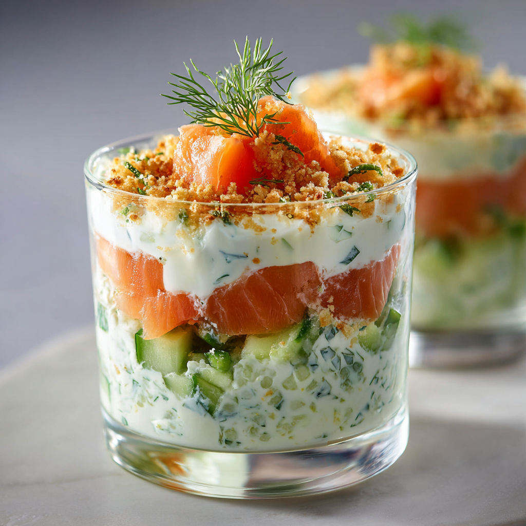 Verrines Fraîches de Saumon Fumé, Concombre Croquant et Crème à l’Aneth.