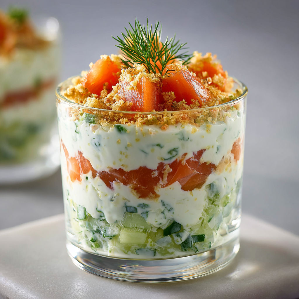 Verrines Apéritives au Saumon Fumé, Crème Citronnée et Concombre.