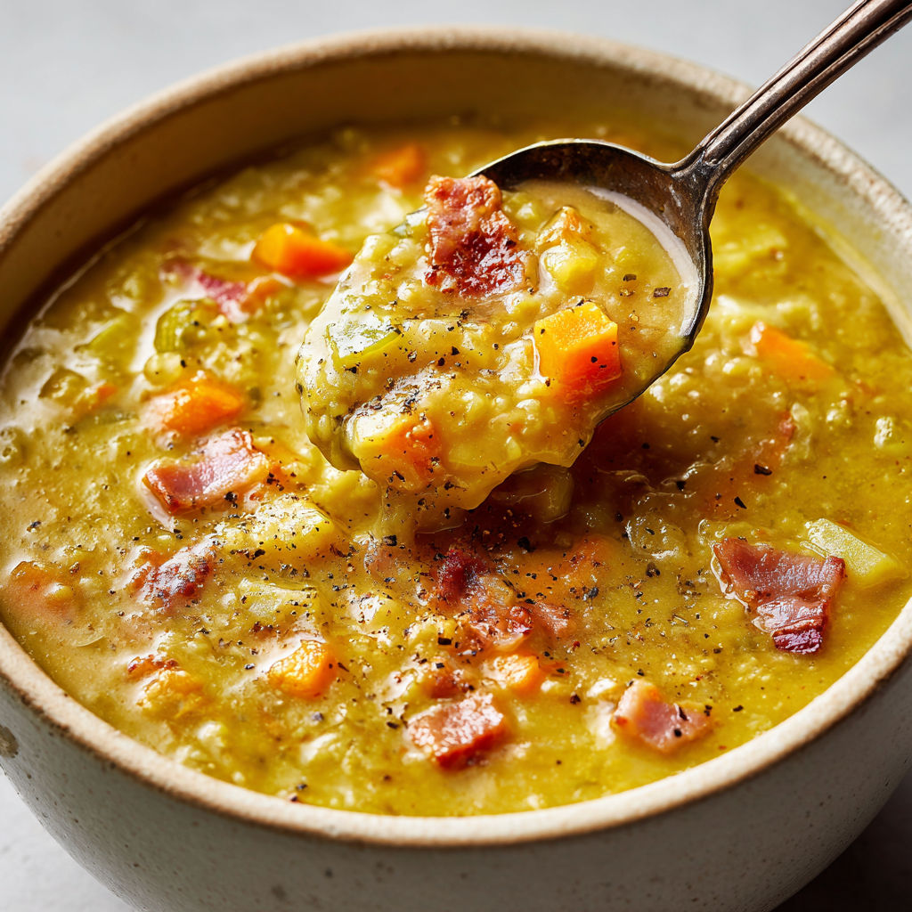 Une cuillère en argent est utilisée pour prendre une portion de la soupe de pois cassés façon campagnarde.