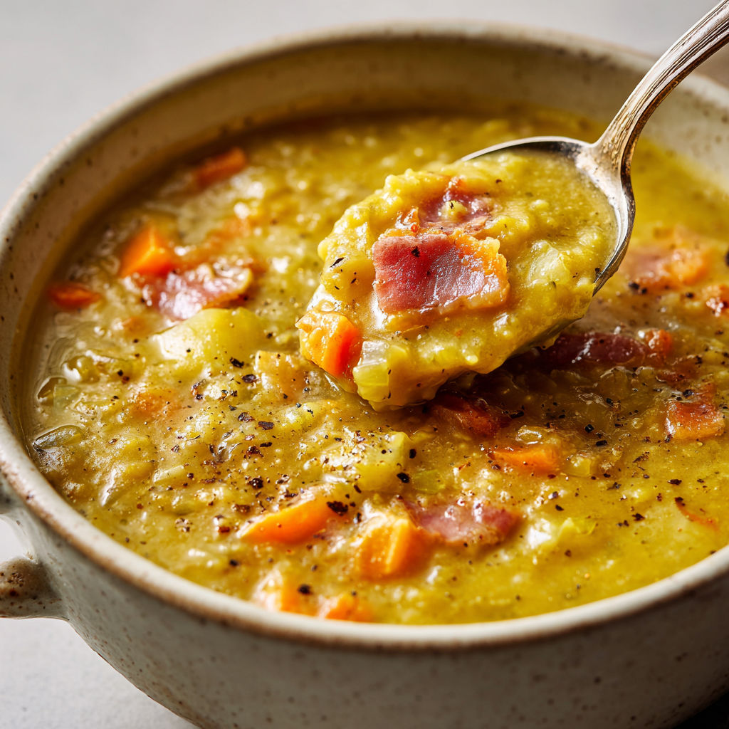 Soupe Rustique aux Pois Cassés et Lardons.