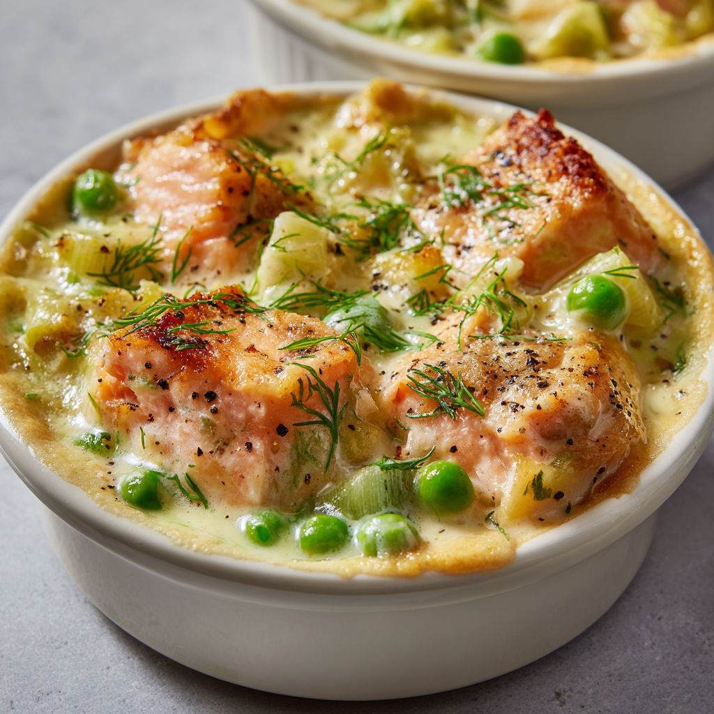 Cassolettes crémeuses au saumon, poireaux & petits pois.