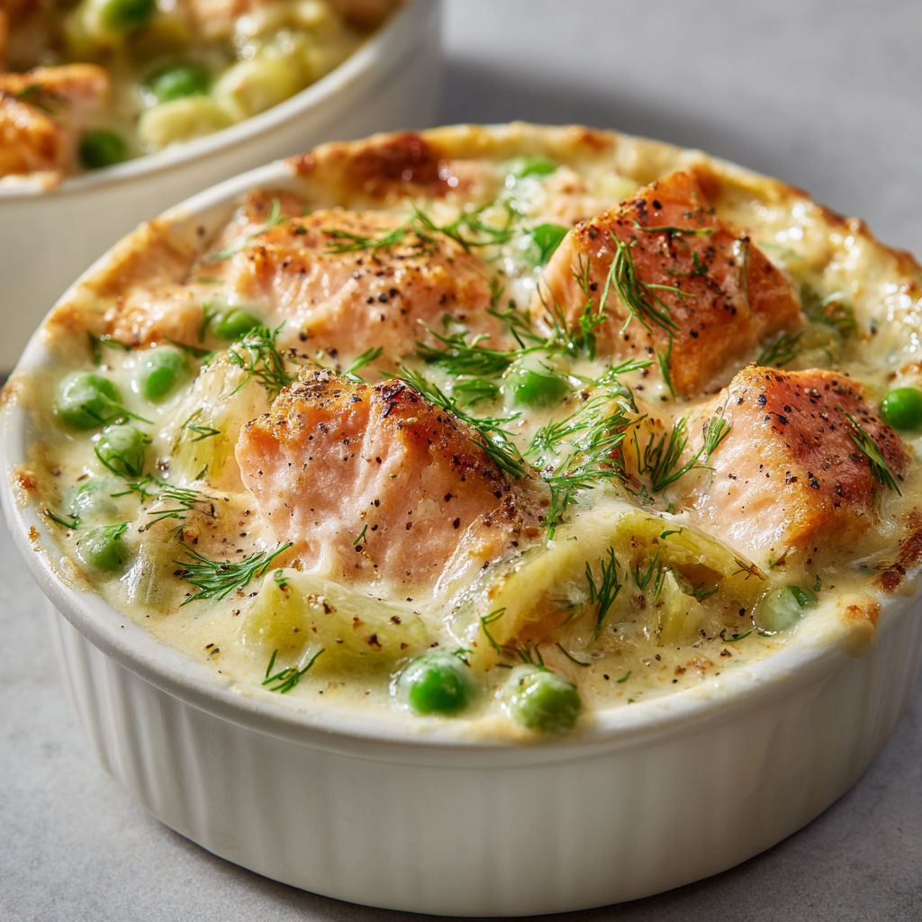 Mini Cocottes au Saumon, Sauce Veloutée & Légumes Croquants.