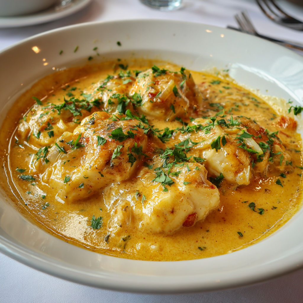 Une assiette de Blanquette de cabillaud à la bisque de homard.