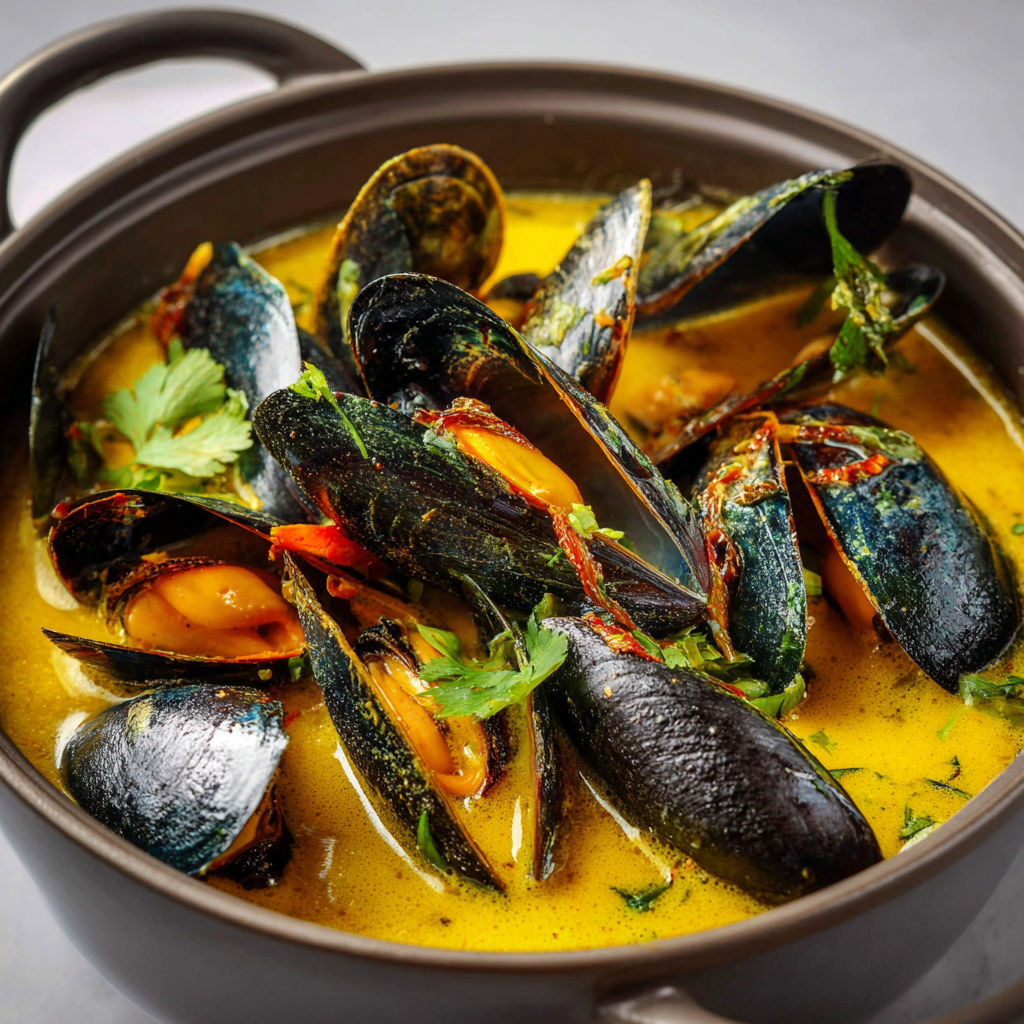 Une soupe de moules chaude et épicée, avec des moules, des herbes et des épices.