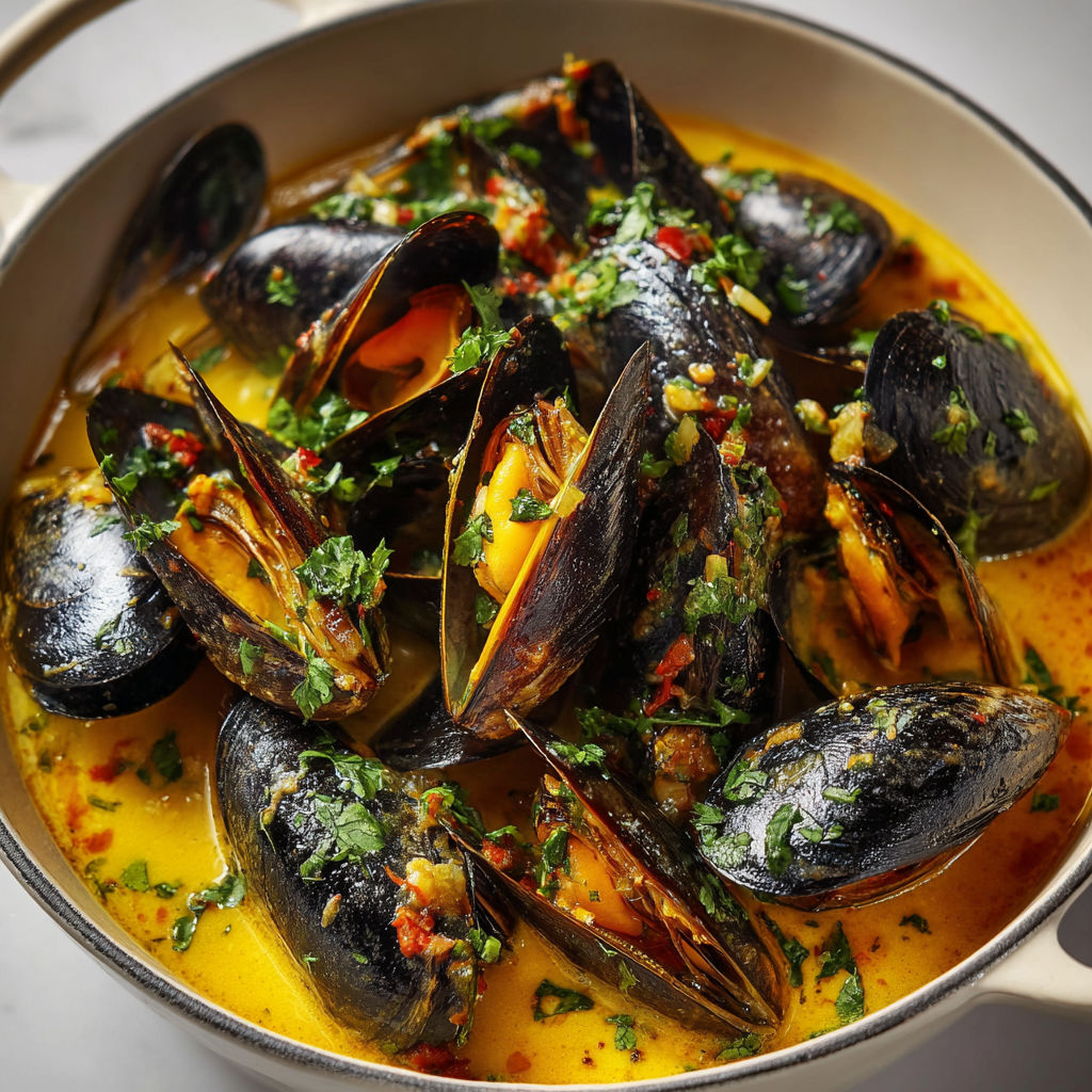 Soupe de moules avec des moules et des herbes.