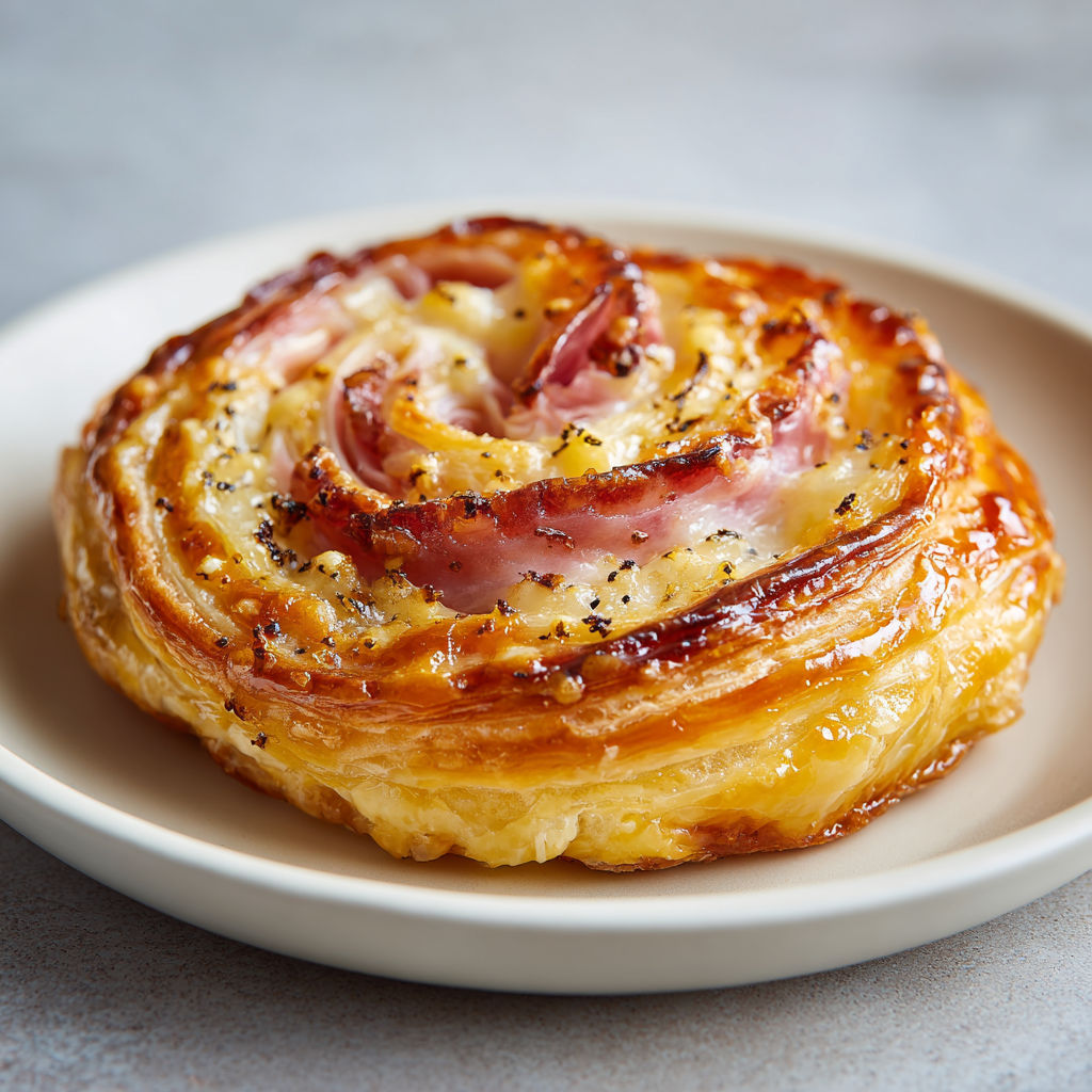 Une feuilletée extra-gourmand au fromage et au jambon, servie sur un plateau.
