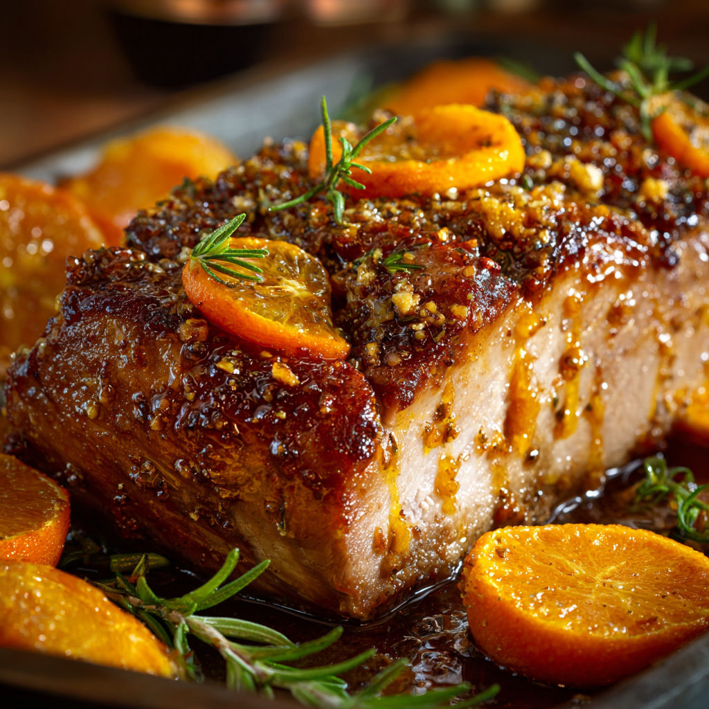 Rôti de Porc Laqué au Miel et Clémentines Rôties.