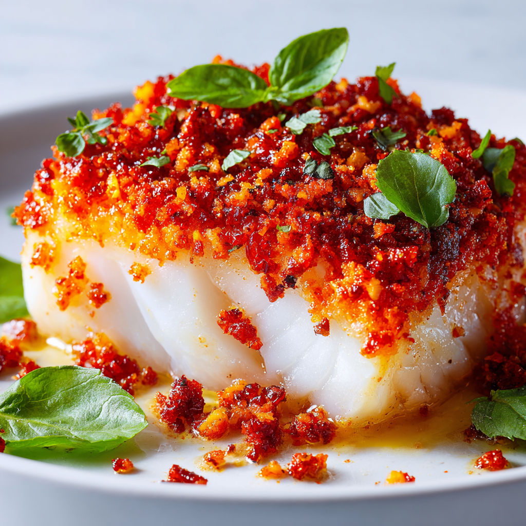 Une poêlée de cabillaud en croûte de chorizo, servie sur un plateau.