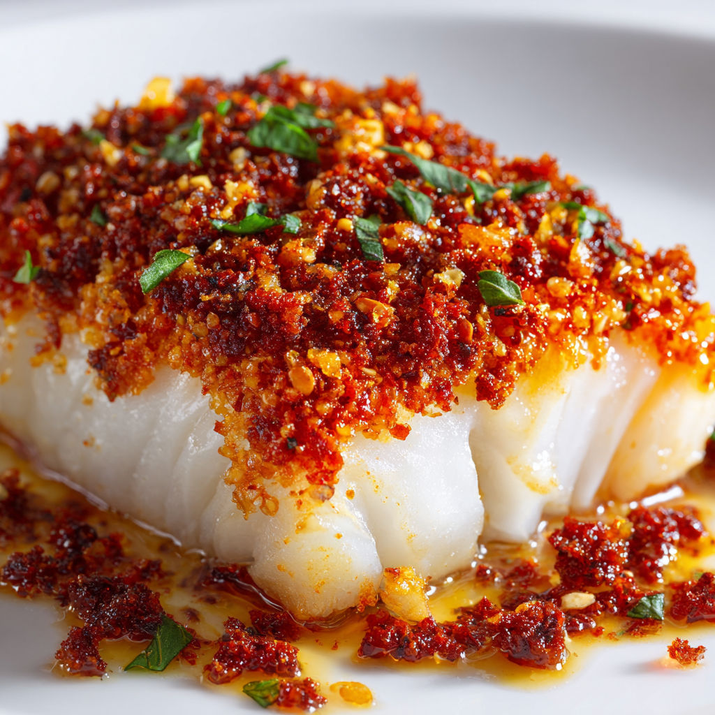 Cabillaud Rôti sous Croûte de Chorizo Dorée et Parmesan Fondant.