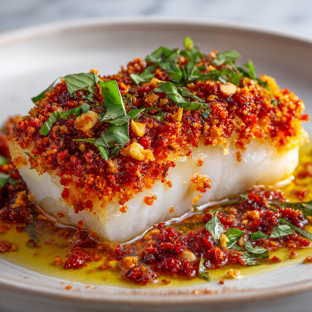 Filet de Cabillaud en Habit de Chorizo aux Herbes et Pignons Croquants.