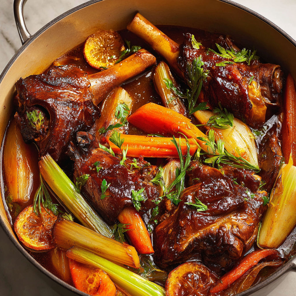 Jarrets d’agneau caramélisés au miel de sarrasin.