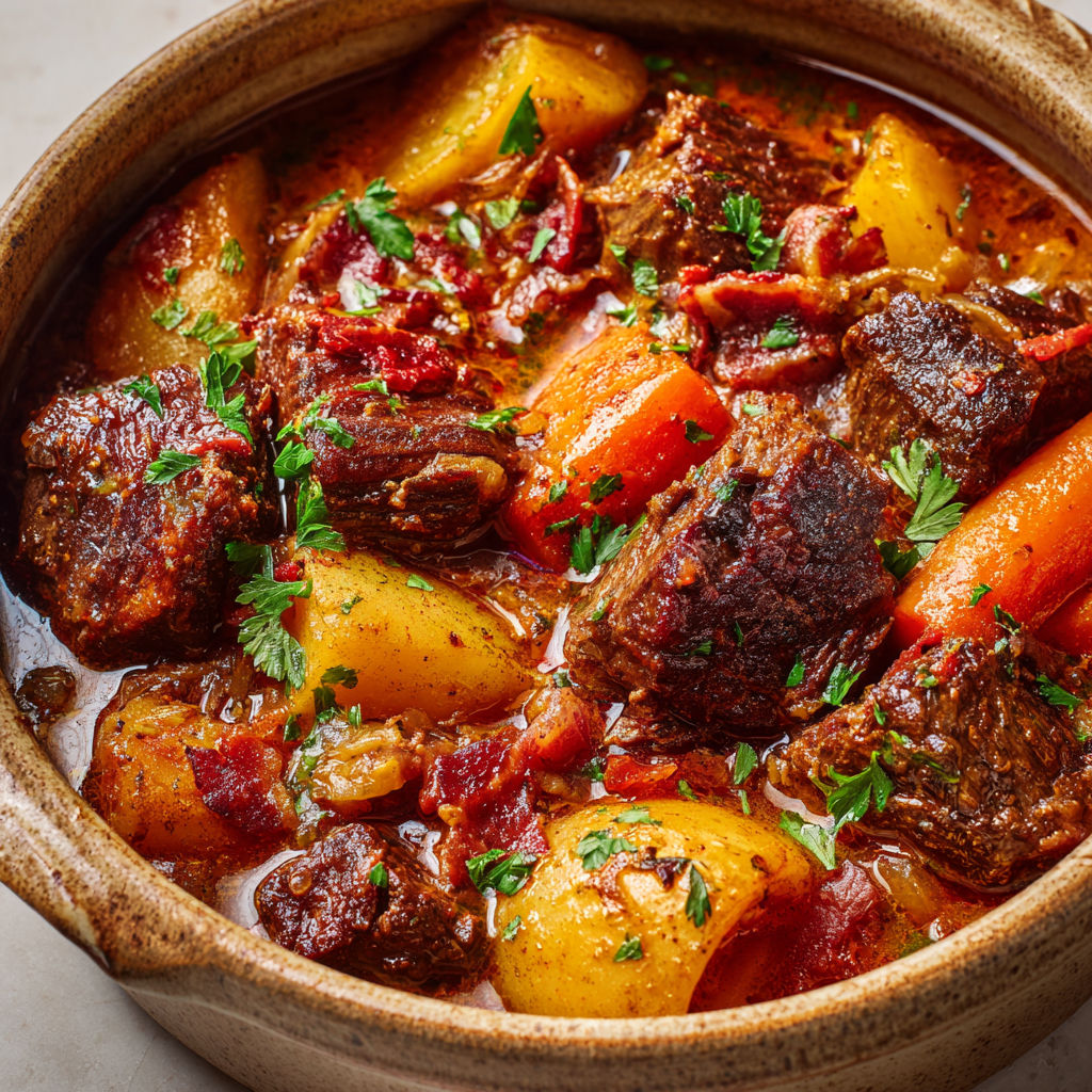 Un plat de boeuf mode comme autrefois, avec des carottes et des herbes, dans un bol en terre.