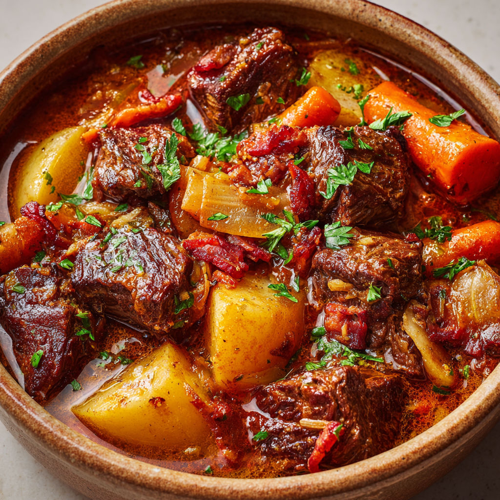 Bœuf mode réconfortant aux légumes et vin rouge.
