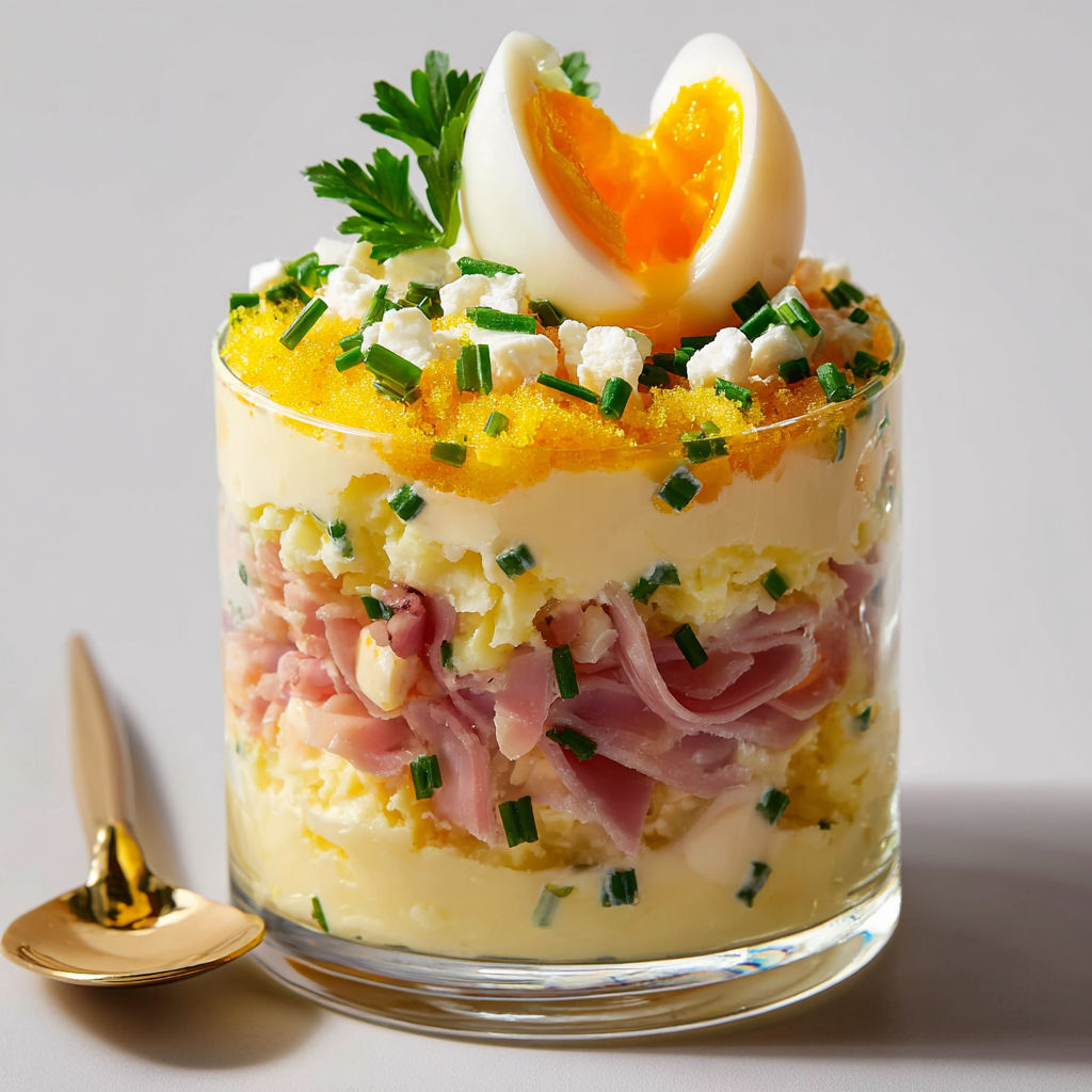 Un verrine salé façon mimosa au jambon et œuf, avec des herbes vertes et des légumes.