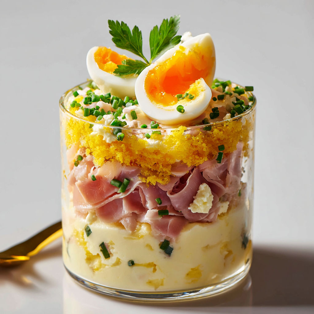 Verrines mimosa au jambon et œuf, légères et gourmandes.