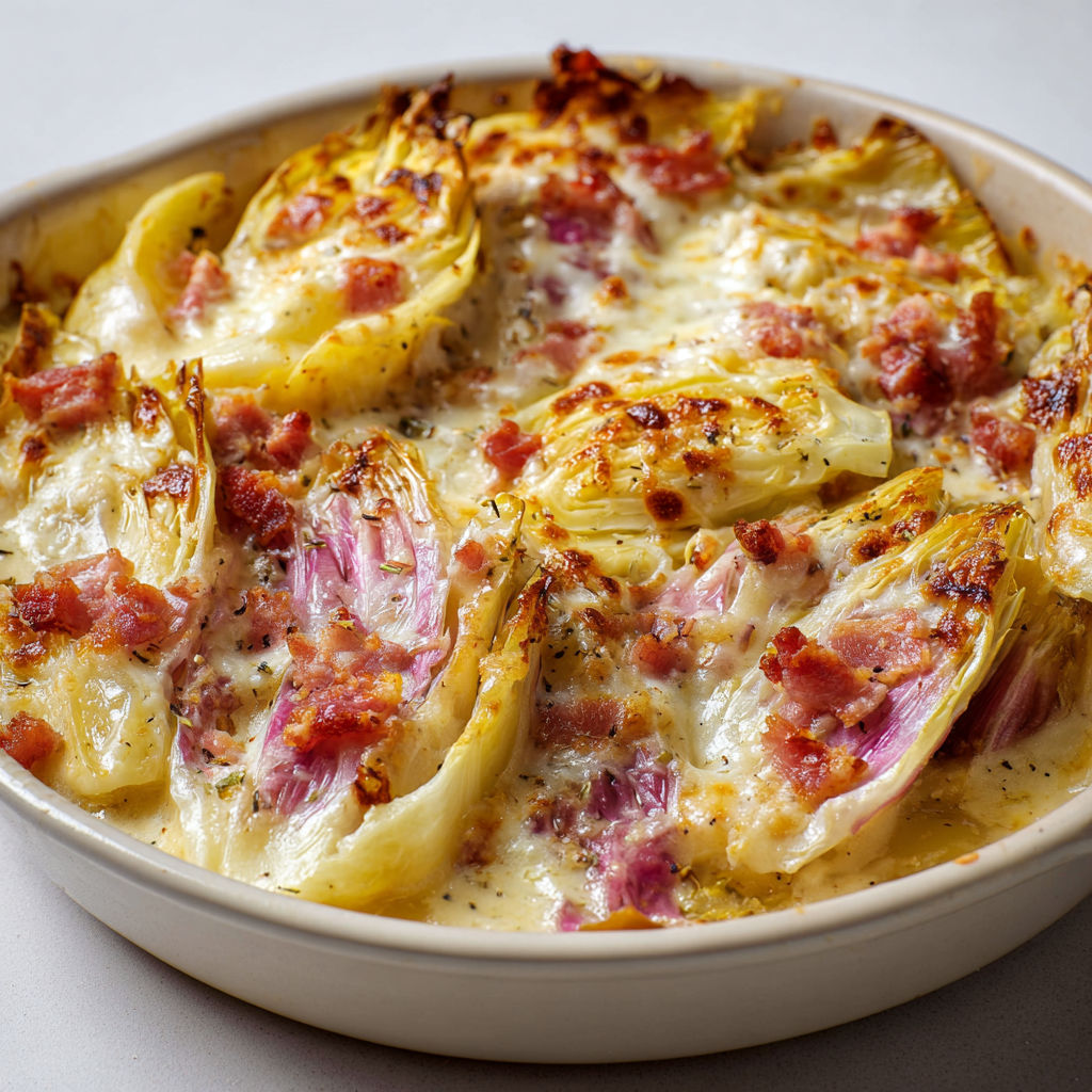 Tartiflette aux endives fondantes et reblochon gratiné.