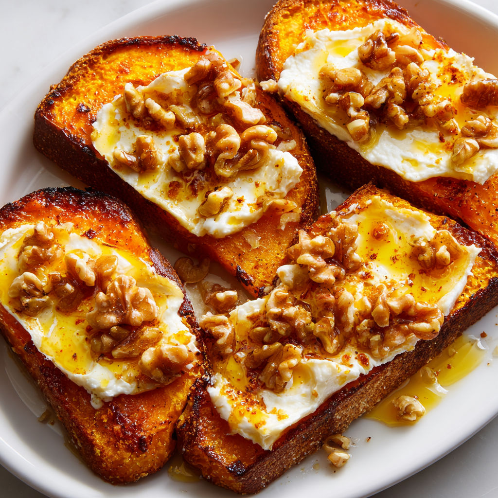 Un toast de butternut au camembert, avec des noix et du fromage.