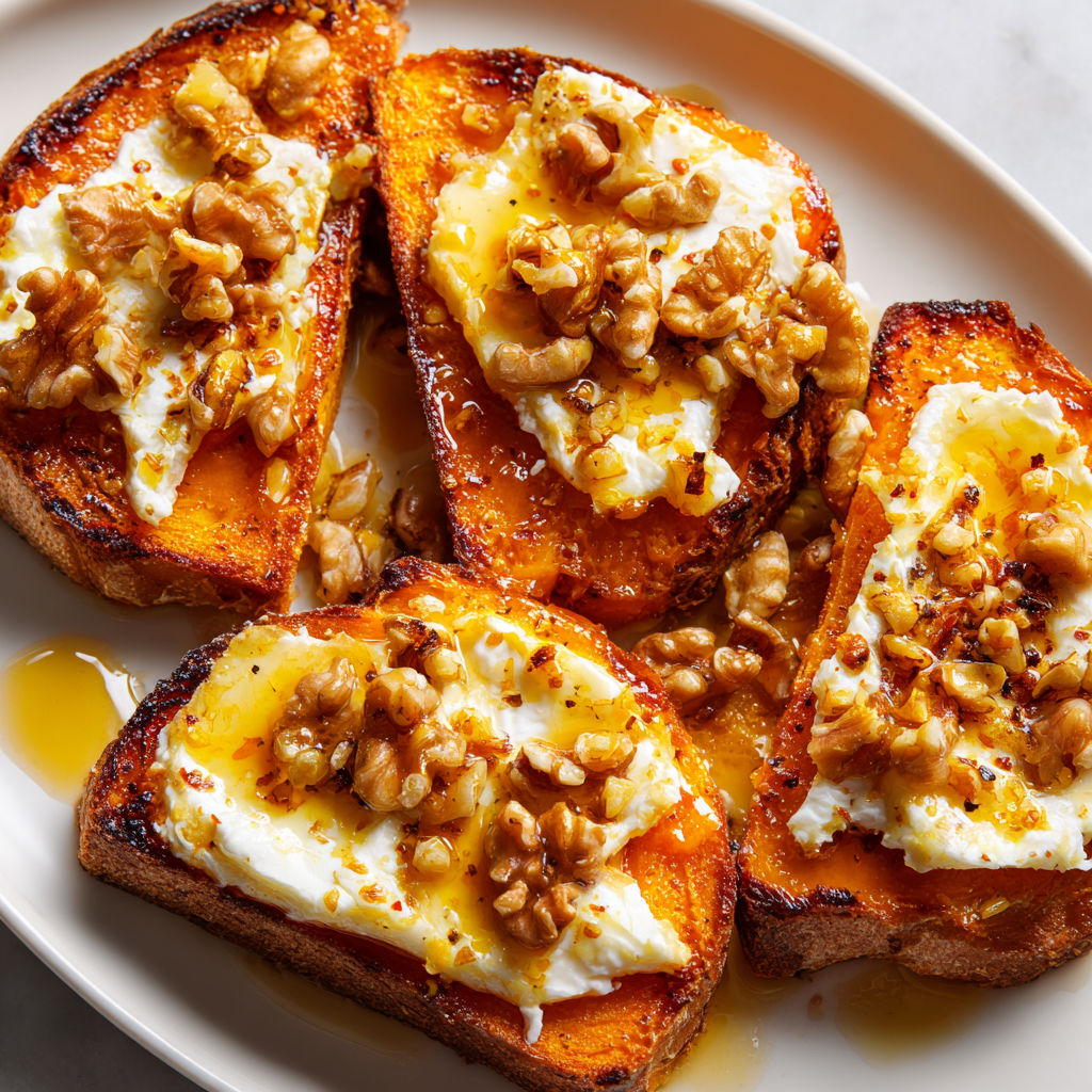 Toast gourmand de butternut rôti au camembert et miel.