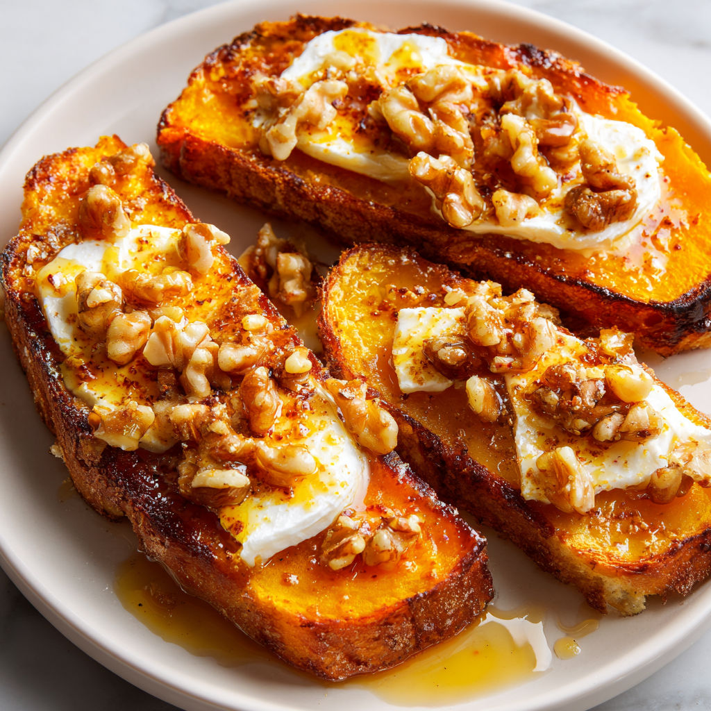 Tranches de butternut rôties au camembert fondant et noix croquantes.