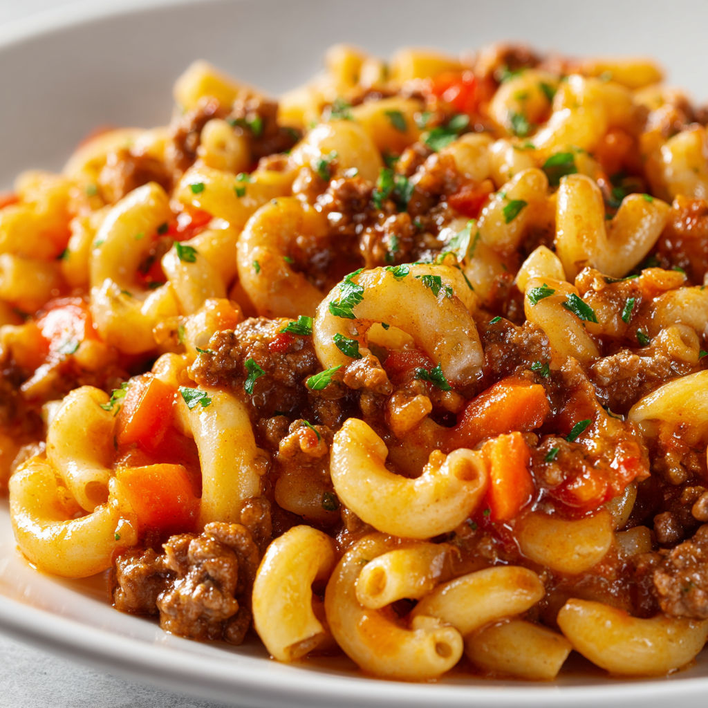 Une plate de macaroni à la viande hachée, avec des carottes et des herbes, est servie sur un plateau.