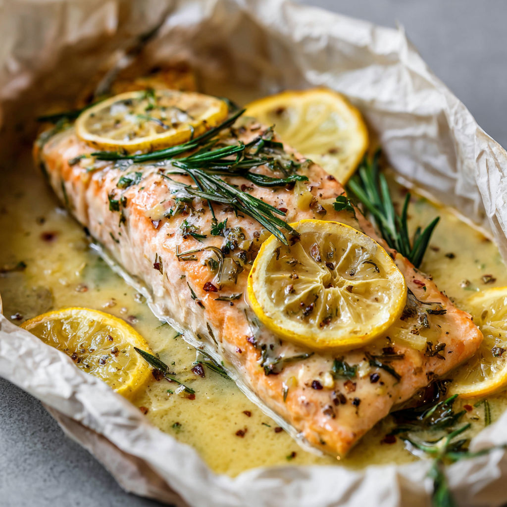 Un filet de Saumon papillote aux agrumes et herbes aromatiques.
